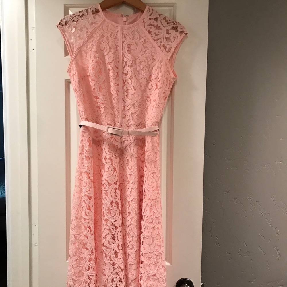 Cap sleeve pink lace fit and flare midi dress